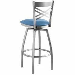 Lancaster Table & Seating Clear Coat Finish Cross Back Swivel Bar Stool With 2 1/2" Blue Vinyl Padded Seat -Lancaster Table & Seating Shop 2297671