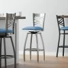 Lancaster Table & Seating Clear Coat Finish Cross Back Swivel Bar Stool With 2 1/2" Blue Vinyl Padded Seat