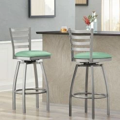 Lancaster Table & Seating Clear Coat Finish Ladder Back Swivel Bar Stool With 2 1/2" Seafoam Vinyl Padded Seat