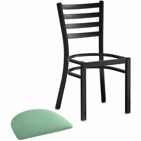 Lancaster Table & Seating Black Finish Ladder Back Chair With 2 1/2" Seafoam Vinyl Padded Seat 4 Lancaster Table & Seating Black Finish Ladder Back Chair With 2 1/2" Seafoam Vinyl Padded Seat - Image 4