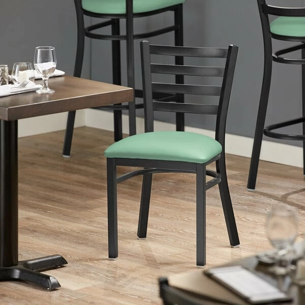 Lancaster Table & Seating Black Finish Ladder Back Chair With 2 1/2" Seafoam Vinyl Padded Seat 1 Lancaster Table & Seating Black Finish Ladder Back Chair With 2 1/2" Seafoam Vinyl Padded Seat