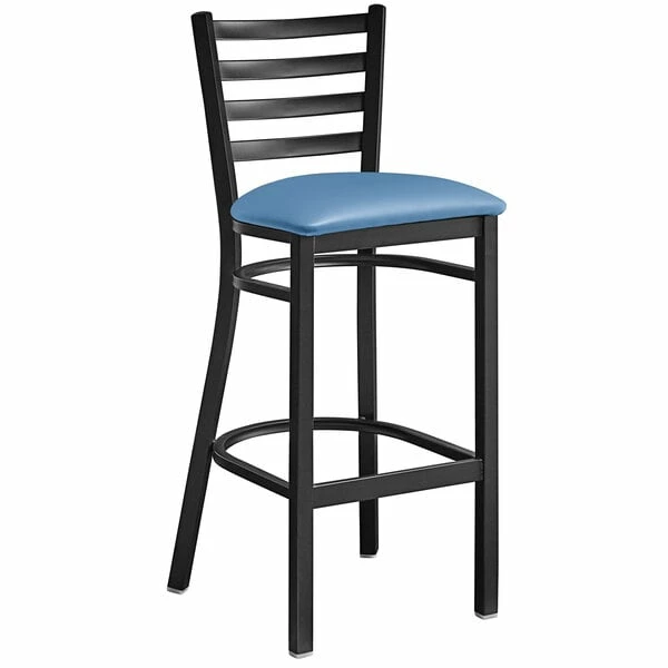 Lancaster Table & Seating Black Finish Ladder Back Bar Stool With 2 1/2" Blue Vinyl Padded Seat 2 Lancaster Table & Seating Black Finish Ladder Back Bar Stool With 2 1/2" Blue Vinyl Padded Seat - Image 2