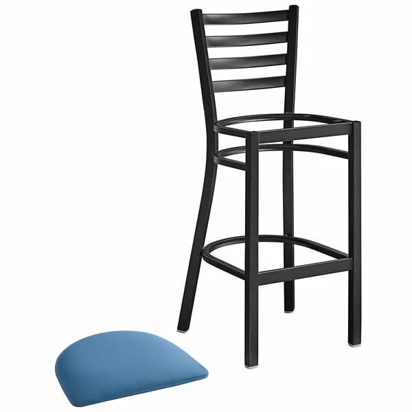 Lancaster Table & Seating Black Finish Ladder Back Bar Stool With 2 1/2" Blue Vinyl Padded Seat 4 Lancaster Table & Seating Black Finish Ladder Back Bar Stool With 2 1/2" Blue Vinyl Padded Seat - Image 4