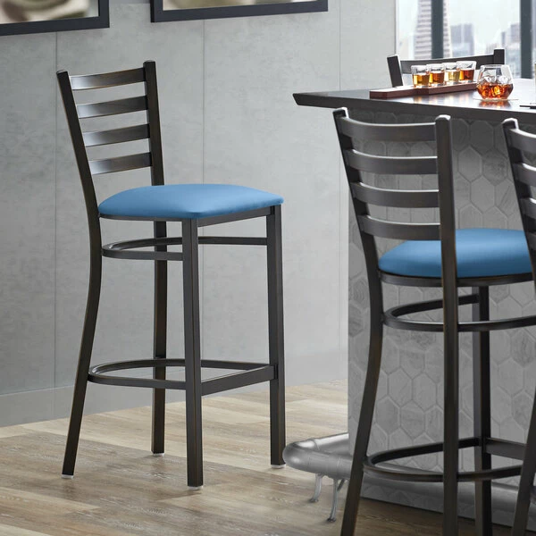 Lancaster Table & Seating Distressed Copper Finish Ladder Back Bar Stool With 2 1/2" Blue Vinyl Padded Seat 1 Lancaster Table & Seating Distressed Copper Finish Ladder Back Bar Stool With 2 1/2" Blue Vinyl Padded Seat