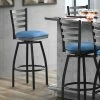 Lancaster Table & Seating Black Finish Ladder Back Swivel Bar Stool With 2 1/2" Blue Vinyl Padded Seat