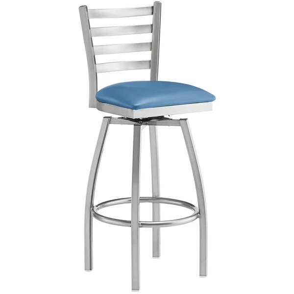 Lancaster Table & Seating Clear Coat Finish Ladder Back Swivel Bar Stool With 2 1/2" Blue Vinyl Padded Seat 2 Lancaster Table & Seating Clear Coat Finish Ladder Back Swivel Bar Stool With 2 1/2" Blue Vinyl Padded Seat - Image 2