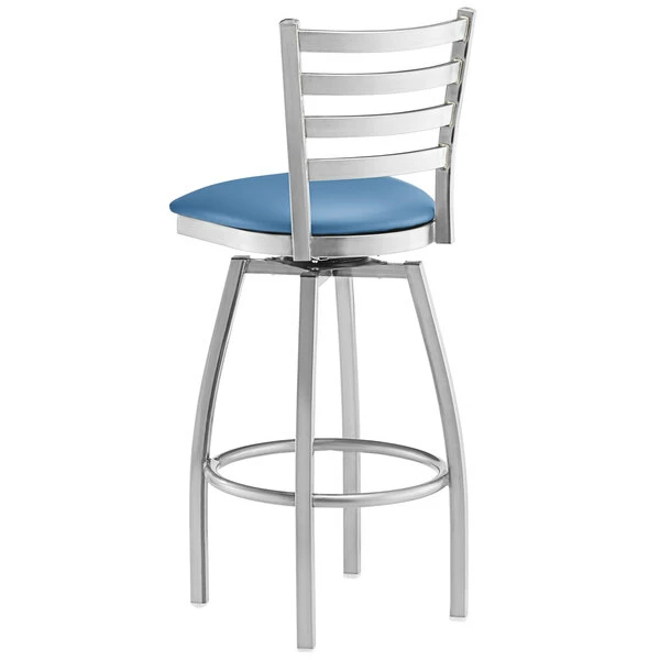 Lancaster Table & Seating Clear Coat Finish Ladder Back Swivel Bar Stool With 2 1/2" Blue Vinyl Padded Seat 3 Lancaster Table & Seating Clear Coat Finish Ladder Back Swivel Bar Stool With 2 1/2" Blue Vinyl Padded Seat - Image 3