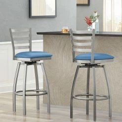Lancaster Table & Seating Clear Coat Finish Ladder Back Swivel Bar Stool With 2 1/2" Blue Vinyl Padded Seat
