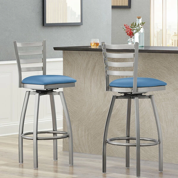 Lancaster Table & Seating Clear Coat Finish Ladder Back Swivel Bar Stool With 2 1/2" Blue Vinyl Padded Seat 1 Lancaster Table & Seating Clear Coat Finish Ladder Back Swivel Bar Stool With 2 1/2" Blue Vinyl Padded Seat