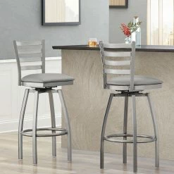 Lancaster Table & Seating Clear Coat Finish Ladder Back Swivel Bar Stool With 2 1/2" Light Gray Vinyl Padded Seat