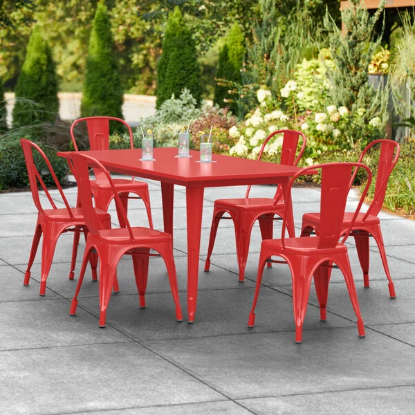 LT&S Alloy Series Lancaster Table & Seating Alloy Series 63" X 32" Red Dining Height Outdoor Table With 6 Industrial Cafe Chairs 1 LT&S Alloy Series Lancaster Table & Seating Alloy Series 63" X 32" Red Dining Height Outdoor Table With 6 Industrial Cafe Chairs