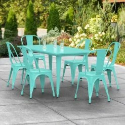 LT&S Alloy Series Lancaster Table & Seating Alloy Series 63" X 32" Seafoam Dining Height Outdoor Table With 6 Industrial Cafe Chairs