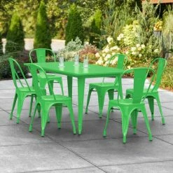 LT&S Alloy Series Lancaster Table & Seating Alloy Series 63" X 32" Green Dining Height Outdoor Table With 6 Industrial Cafe Chairs
