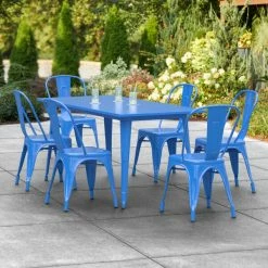LT&S Alloy Series Lancaster Table & Seating Alloy Series 63" X 32" Blue Dining Height Outdoor Table With 6 Industrial Cafe Chairs