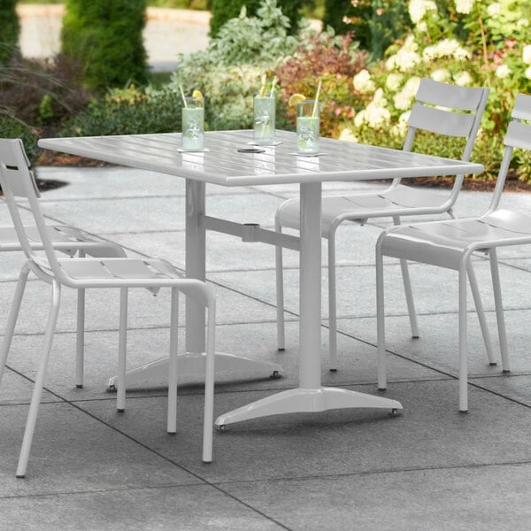 Lancaster Table & Seating 32" X 48" Silver Powder-Coated Aluminum Dining Height Outdoor Table With Umbrella Hole 1 Lancaster Table & Seating 32" X 48" Silver Powder-Coated Aluminum Dining Height Outdoor Table With Umbrella Hole