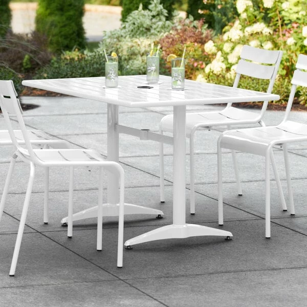Lancaster Table & Seating 32" X 48" White Powder-Coated Aluminum Dining Height Outdoor Table With Umbrella Hole 1 Lancaster Table & Seating 32" X 48" White Powder-Coated Aluminum Dining Height Outdoor Table With Umbrella Hole