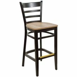 BFM Seating Berkeley Black Beechwood Ladder Back Barstool With Relic Knotty Pine Seat