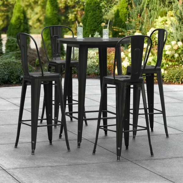 LT&S Alloy Series Lancaster Table & Seating Alloy Series 30" Round Black Outdoor Bar Height Table With 4 Metal Cafe Bar Stools 1 LT&S Alloy Series Lancaster Table & Seating Alloy Series 30" Round Black Outdoor Bar Height Table With 4 Metal Cafe Bar Stools
