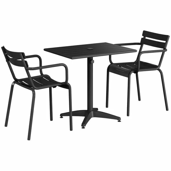 Lancaster Table & Seating 24" X 32" Black Powder-Coated Aluminum Standard Height Outdoor Table With Umbrella Hole And 2 Arm Chairs 2 Lancaster Table & Seating 24" X 32" Black Powder-Coated Aluminum Standard Height Outdoor Table With Umbrella Hole And 2 Arm Chairs - Image 2