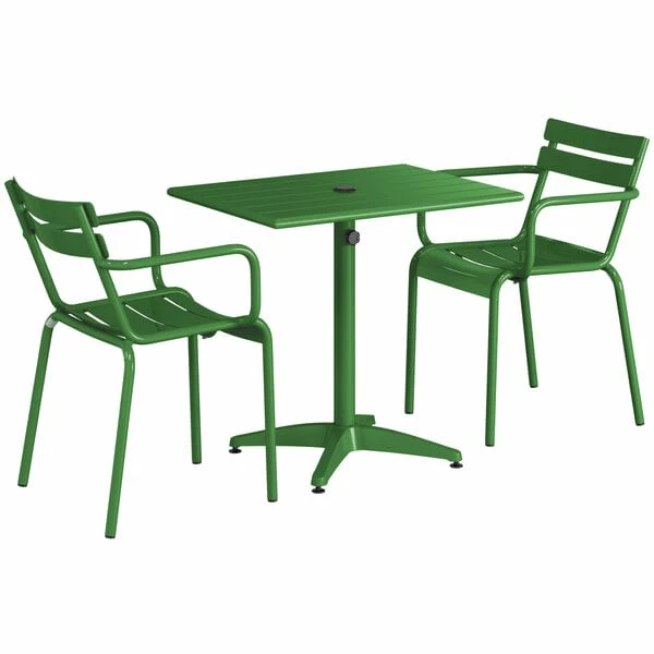 Lancaster Table & Seating 24" X 32" Green Powder-Coated Aluminum Standard Height Outdoor Table With Umbrella Hole And 2 Arm Chairs 2 Lancaster Table & Seating 24" X 32" Green Powder-Coated Aluminum Standard Height Outdoor Table With Umbrella Hole And 2 Arm Chairs - Image 2