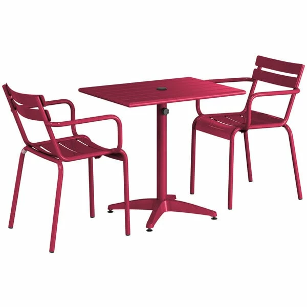 Lancaster Table & Seating 24" X 32" Sangria Powder-Coated Aluminum Standard Height Outdoor Table With Umbrella Hole And 2 Arm Chairs 2 Lancaster Table & Seating 24" X 32" Sangria Powder-Coated Aluminum Standard Height Outdoor Table With Umbrella Hole And 2 Arm Chairs - Image 2