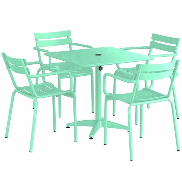 Lancaster Table & Seating 32" X 32" Seafoam Powder-Coated Aluminum Standard Height Outdoor Table With Umbrella Hole And 4 Arm Chairs 2 Lancaster Table & Seating 32" X 32" Seafoam Powder-Coated Aluminum Standard Height Outdoor Table With Umbrella Hole And 4 Arm Chairs - Image 2