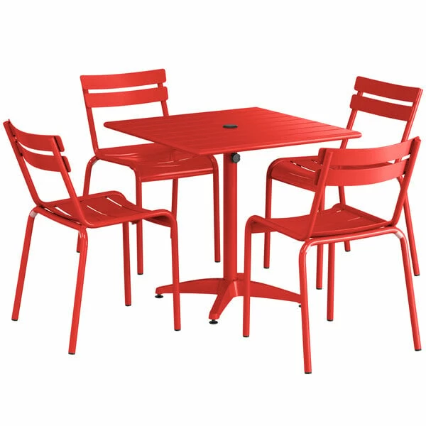 Lancaster Table & Seating 32" X 32" Red Powder-Coated Aluminum Dining Height Outdoor Table With Umbrella Hole And 4 Side Chairs 2 Lancaster Table & Seating 32" X 32" Red Powder-Coated Aluminum Dining Height Outdoor Table With Umbrella Hole And 4 Side Chairs - Image 2