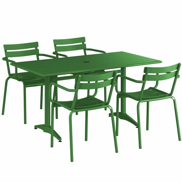 Lancaster Table & Seating 32" X 60" Green Powder-Coated Aluminum Standard Height Outdoor Table With Umbrella Hole And 4 Arm Chairs 2 Lancaster Table & Seating 32" X 60" Green Powder-Coated Aluminum Standard Height Outdoor Table With Umbrella Hole And 4 Arm Chairs - Image 2