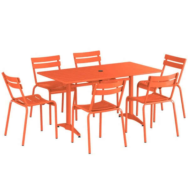 Lancaster Table & Seating 32" X 60" Orange Powder-Coated Aluminum Standard Height Outdoor Table With Umbrella Hole And 6 Side Chairs 2 Lancaster Table & Seating 32" X 60" Orange Powder-Coated Aluminum Standard Height Outdoor Table With Umbrella Hole And 6 Side Chairs - Image 2