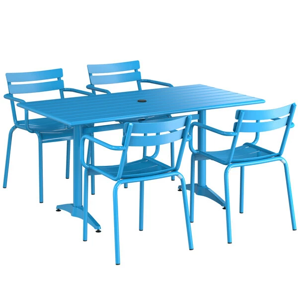 Lancaster Table & Seating 32" X 60" Blue Powder-Coated Aluminum Dining Height Outdoor Table With Umbrella Hole And 4 Arm Chairs 2 Lancaster Table & Seating 32" X 60" Blue Powder-Coated Aluminum Dining Height Outdoor Table With Umbrella Hole And 4 Arm Chairs - Image 2