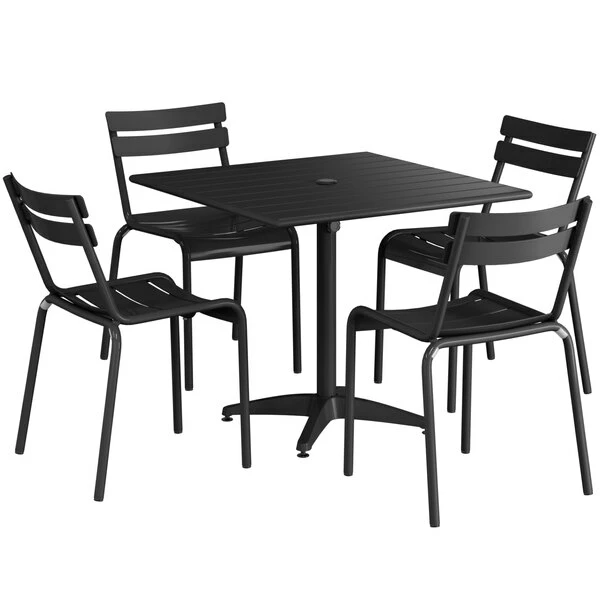 Lancaster Table & Seating 36" X 36" Black Powder-Coated Aluminum Standard Height Outdoor Table With Umbrella Hole And 4 Side Chairs 2 Lancaster Table & Seating 36" X 36" Black Powder-Coated Aluminum Standard Height Outdoor Table With Umbrella Hole And 4 Side Chairs - Image 2