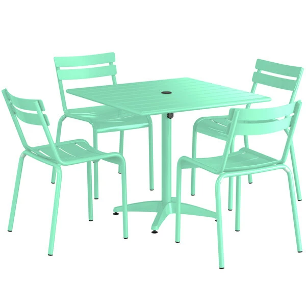 Lancaster Table & Seating 36" X 36" Seafoam Powder-Coated Aluminum Standard Height Outdoor Table With Umbrella Hole And 4 Side Chairs 2 Lancaster Table & Seating 36" X 36" Seafoam Powder-Coated Aluminum Standard Height Outdoor Table With Umbrella Hole And 4 Side Chairs - Image 2