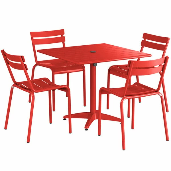 Lancaster Table & Seating 36" X 36" Red Powder-Coated Aluminum Dining Height Outdoor Table With Umbrella Hole And 4 Side Chairs 2 Lancaster Table & Seating 36" X 36" Red Powder-Coated Aluminum Dining Height Outdoor Table With Umbrella Hole And 4 Side Chairs - Image 2