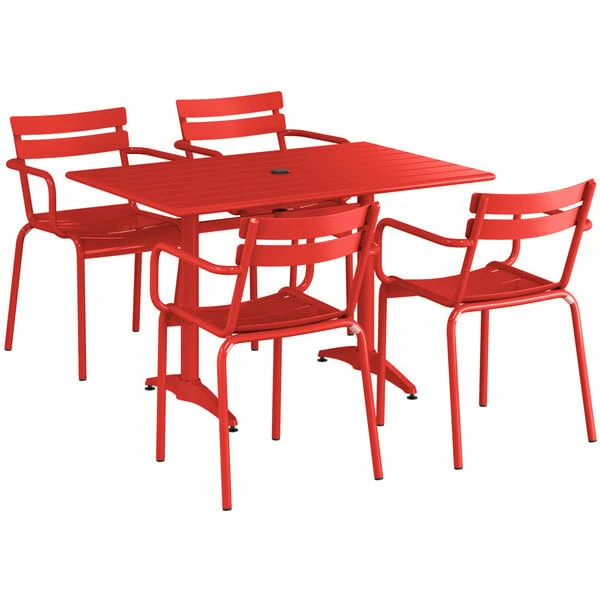 Lancaster Table & Seating 32" X 48" Red Powder-Coated Aluminum Dining Height Outdoor Table With Umbrella Hole And 4 Arm Chairs 2 Lancaster Table & Seating 32" X 48" Red Powder-Coated Aluminum Dining Height Outdoor Table With Umbrella Hole And 4 Arm Chairs - Image 2