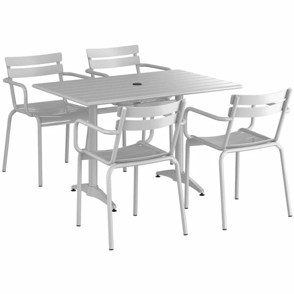 Lancaster Table & Seating 32" X 48" Silver Powder-Coated Aluminum Dining Height Outdoor Table With Umbrella Hole And 4 Arm Chairs 2 Lancaster Table & Seating 32" X 48" Silver Powder-Coated Aluminum Dining Height Outdoor Table With Umbrella Hole And 4 Arm Chairs - Image 2