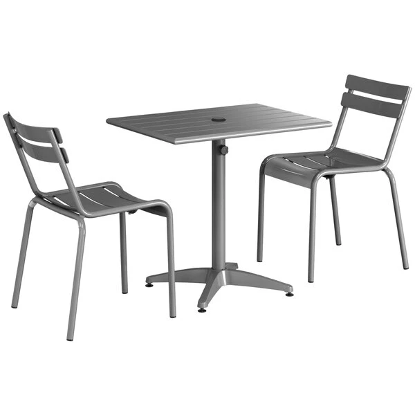 Lancaster Table & Seating 24" X 32" Matte Gray Powder-Coated Aluminum Dining Height Outdoor Table With Umbrella Hole And 2 Side Chairs 2 Lancaster Table & Seating 24" X 32" Matte Gray Powder-Coated Aluminum Dining Height Outdoor Table With Umbrella Hole And 2 Side Chairs - Image 2