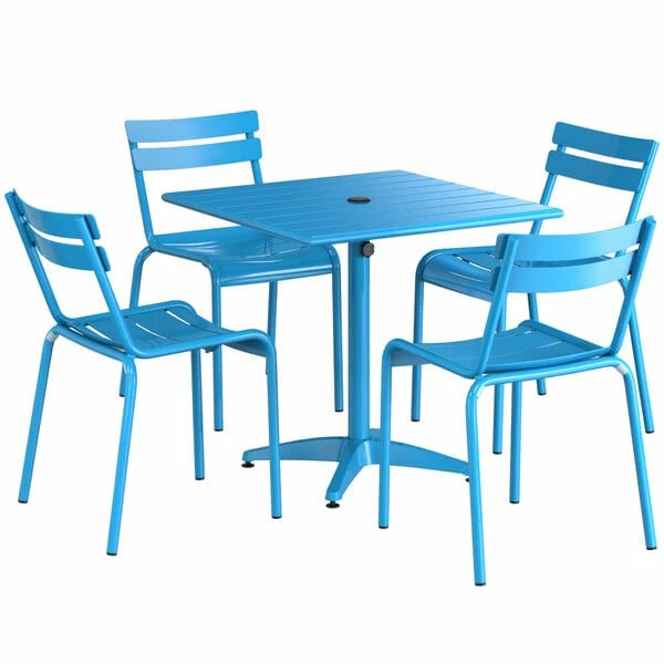 Lancaster Table & Seating 32" X 32" Blue Powder-Coated Aluminum Dining Height Outdoor Table With Umbrella Hole And 4 Side Chairs 2 Lancaster Table & Seating 32" X 32" Blue Powder-Coated Aluminum Dining Height Outdoor Table With Umbrella Hole And 4 Side Chairs - Image 2