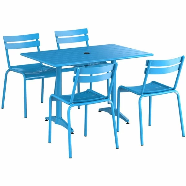 Lancaster Table & Seating 32" X 48" Blue Powder-Coated Aluminum Dining Height Outdoor Table With Umbrella Hole And 4 Side Chairs 2 Lancaster Table & Seating 32" X 48" Blue Powder-Coated Aluminum Dining Height Outdoor Table With Umbrella Hole And 4 Side Chairs - Image 2