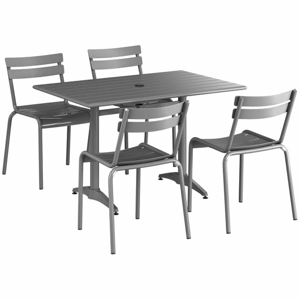 Lancaster Table & Seating 32" X 48" Matte Gray Powder-Coated Aluminum Dining Height Outdoor Table With Umbrella Hole And 4 Side Chairs 2 Lancaster Table & Seating 32" X 48" Matte Gray Powder-Coated Aluminum Dining Height Outdoor Table With Umbrella Hole And 4 Side Chairs - Image 2