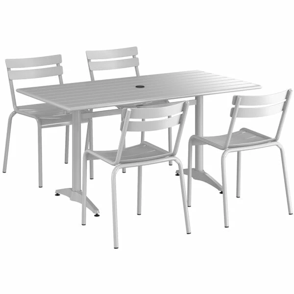 Lancaster Table & Seating 32" X 60" Silver Powder-Coated Aluminum Dining Height Outdoor Table With Umbrella Hole And 4 Side Chairs 2 Lancaster Table & Seating 32" X 60" Silver Powder-Coated Aluminum Dining Height Outdoor Table With Umbrella Hole And 4 Side Chairs - Image 2