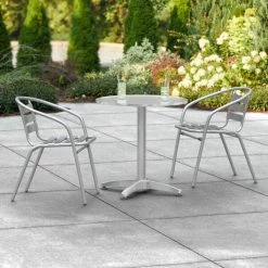 Lancaster Table & Seating 27" Chrome Powder-Coated Round Steel And Aluminum Dining Set With 2 Aluminum Outdoor Arm Chairs