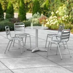 Lancaster Table & Seating 28" Chrome Powder-Coated Round Steel And Aluminum Dining Set With 4 Aluminum Outdoor Side Chairs