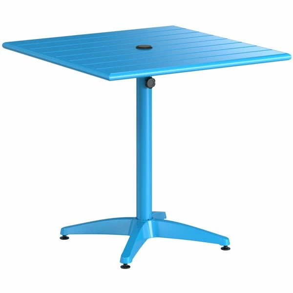 Lancaster Table & Seating 32" X 32" Blue Powder-Coated Aluminum Dining Height Outdoor Table With Umbrella Hole And 4 Side Chairs 4 Lancaster Table & Seating 32" X 32" Blue Powder-Coated Aluminum Dining Height Outdoor Table With Umbrella Hole And 4 Side Chairs - Image 4
