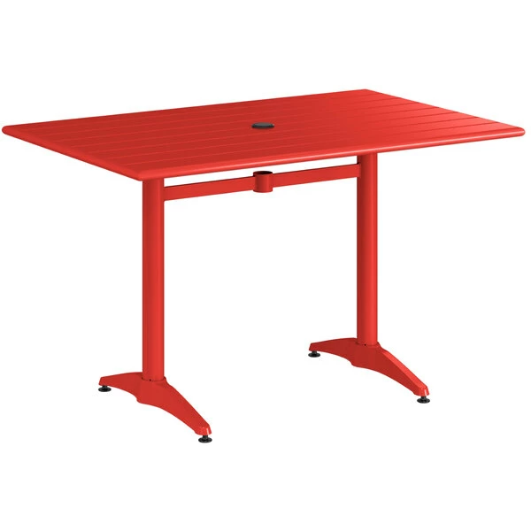 Lancaster Table & Seating 32" X 48" Red Powder-Coated Aluminum Dining Height Outdoor Table With Umbrella Hole And 4 Arm Chairs 4 Lancaster Table & Seating 32" X 48" Red Powder-Coated Aluminum Dining Height Outdoor Table With Umbrella Hole And 4 Arm Chairs - Image 4
