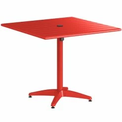 Lancaster Table & Seating 36" X 36" Red Powder-Coated Aluminum Dining Height Outdoor Table With Umbrella Hole And 4 Arm Chairs -Lancaster Table & Seating Shop 2310186