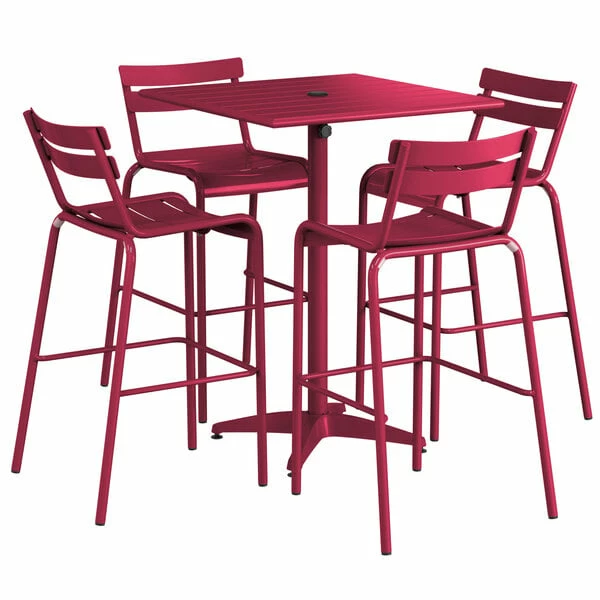 Lancaster Table & Seating 32" X 32" Sangria Powder-Coated Aluminum Bar Height Outdoor Table With Umbrella Hole And 4 Barstools 2 Lancaster Table & Seating 32" X 32" Sangria Powder-Coated Aluminum Bar Height Outdoor Table With Umbrella Hole And 4 Barstools - Image 2
