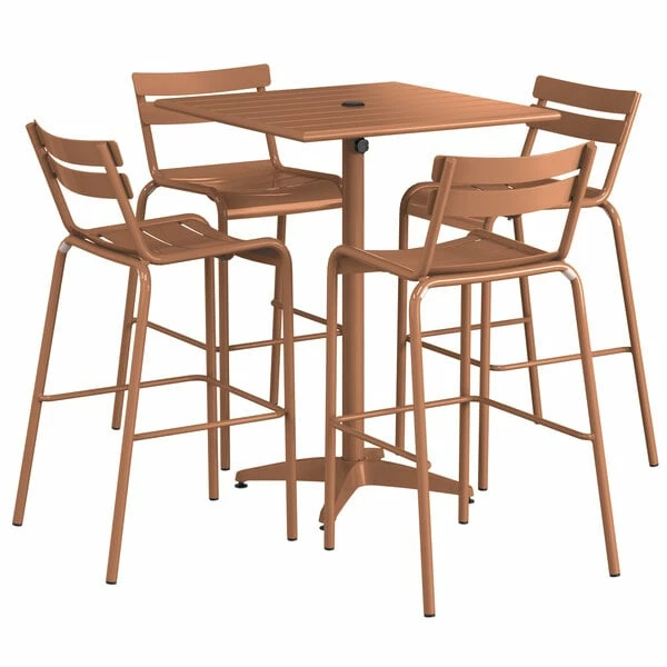 Lancaster Table & Seating 32" X 32" Brown Powder-Coated Aluminum Bar Height Outdoor Table With Umbrella Hole And 4 Barstools 2 Lancaster Table & Seating 32" X 32" Brown Powder-Coated Aluminum Bar Height Outdoor Table With Umbrella Hole And 4 Barstools - Image 2