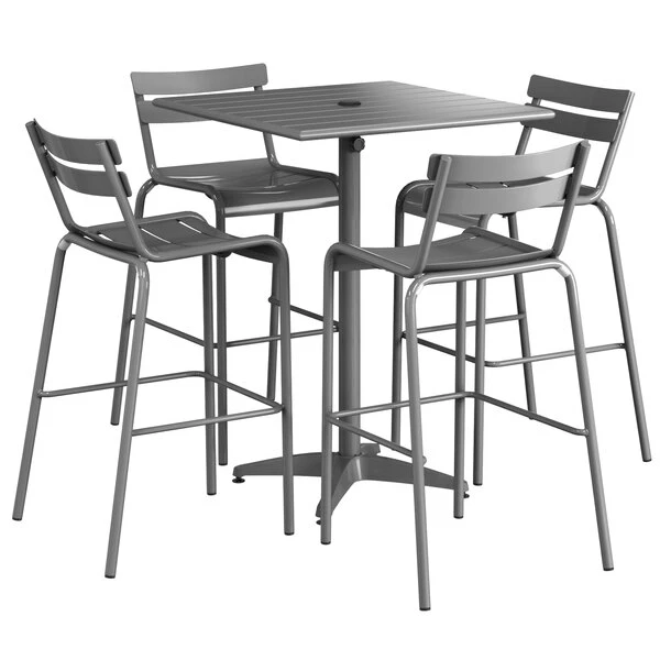 Lancaster Table & Seating 32" X 32" Matte Gray Powder-Coated Aluminum Bar Height Outdoor Table With Umbrella Hole And 4 Barstools 2 Lancaster Table & Seating 32" X 32" Matte Gray Powder-Coated Aluminum Bar Height Outdoor Table With Umbrella Hole And 4 Barstools - Image 2