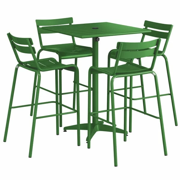 Lancaster Table & Seating 32" X 32" Green Powder-Coated Aluminum Bar Height Outdoor Table With Umbrella Hole And 4 Barstools 2 Lancaster Table & Seating 32" X 32" Green Powder-Coated Aluminum Bar Height Outdoor Table With Umbrella Hole And 4 Barstools - Image 2