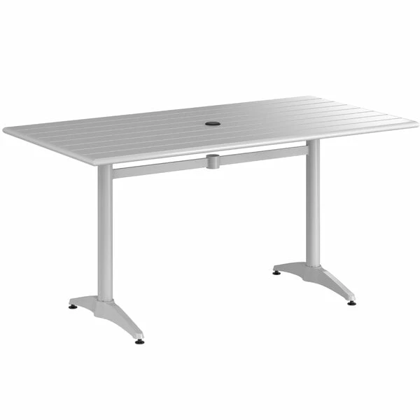 Lancaster Table & Seating 32" X 60" Silver Powder-Coated Aluminum Dining Height Outdoor Table With Umbrella Hole 2 Lancaster Table & Seating 32" X 60" Silver Powder-Coated Aluminum Dining Height Outdoor Table With Umbrella Hole - Image 2
